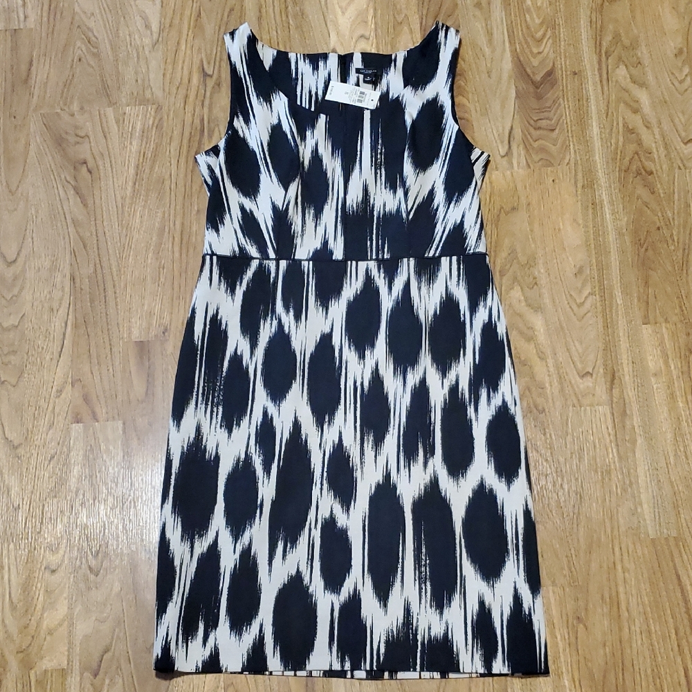 Ann Taylor NWT Sleeveless Sheath Dress Silk Blend Black Tan Ikat Pattern Size 8